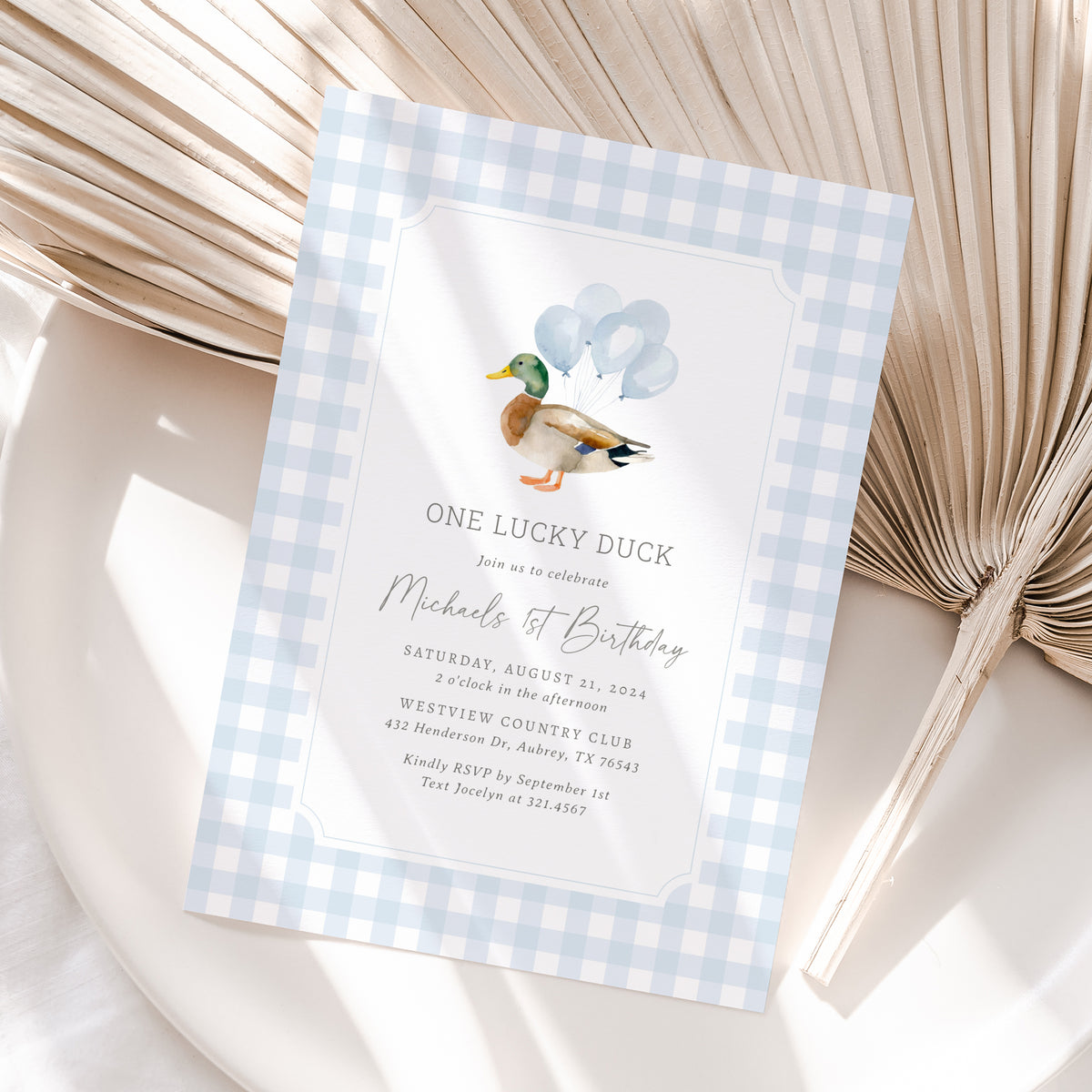Blue Gingham Duck Birthday Invitation