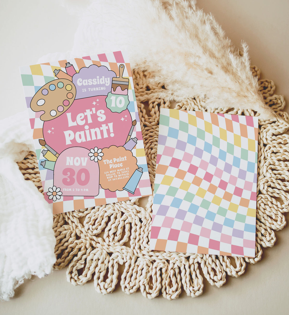 Groovy Pastel Rainbow Checker Art Birthday Invitation