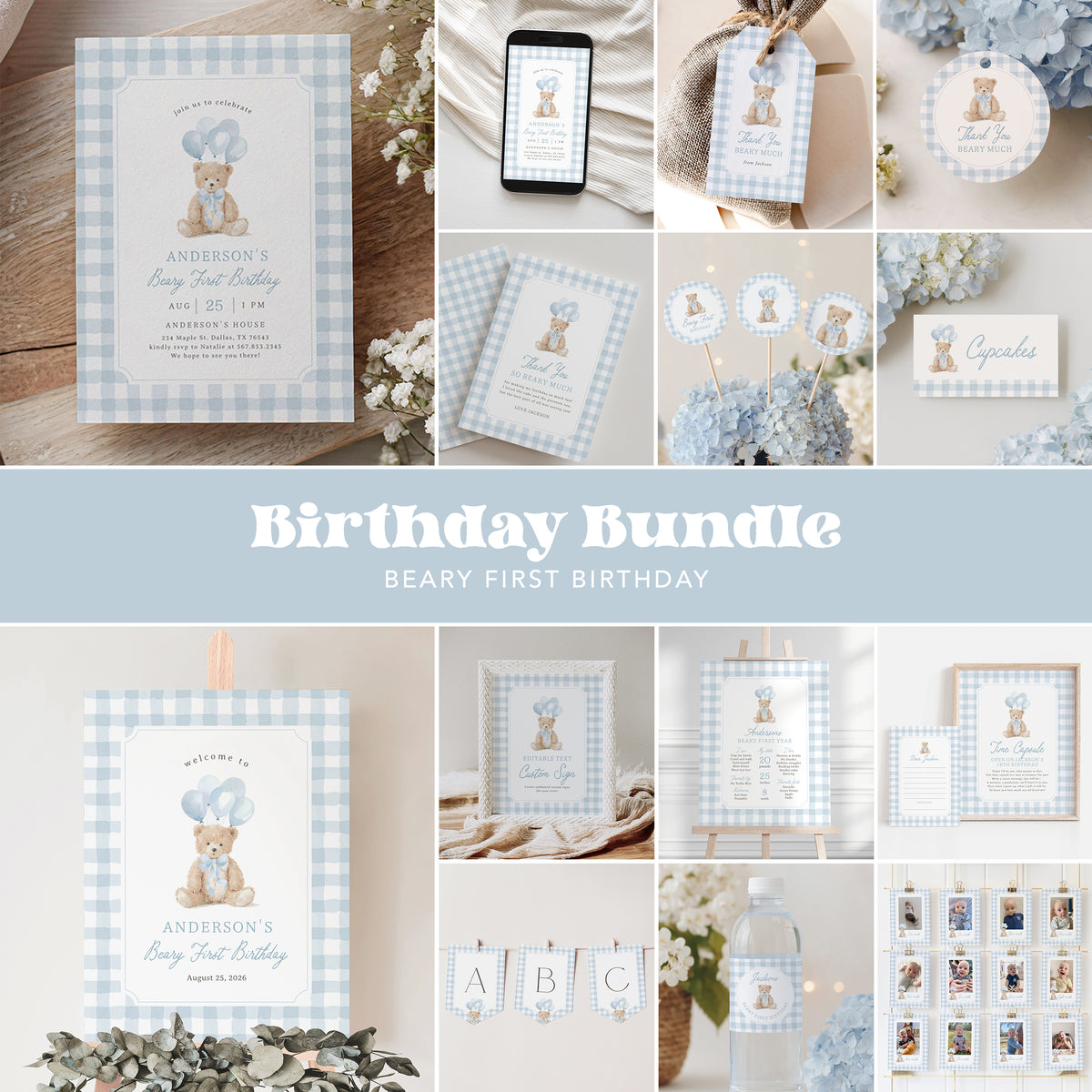 Blue Gingham Teddy Bear Birthday Bundle