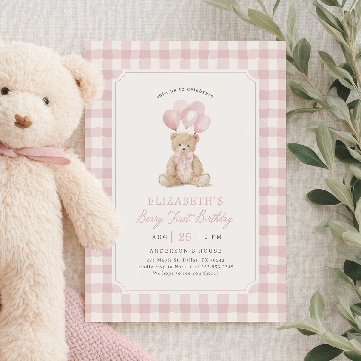 Pink Gingham Teddy Bear Birthday Invitation