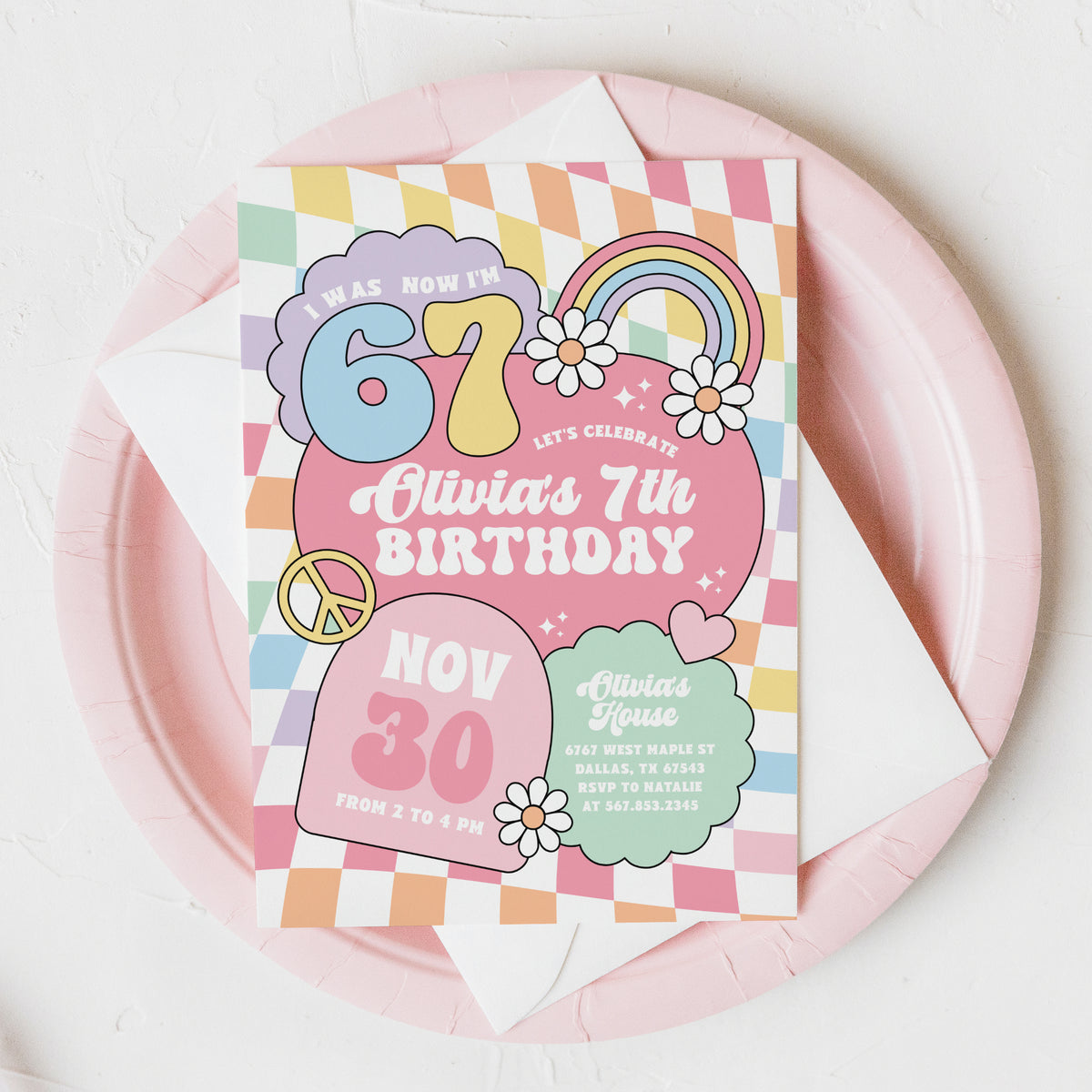 Retro Rainbow 67 Birthday Invitation