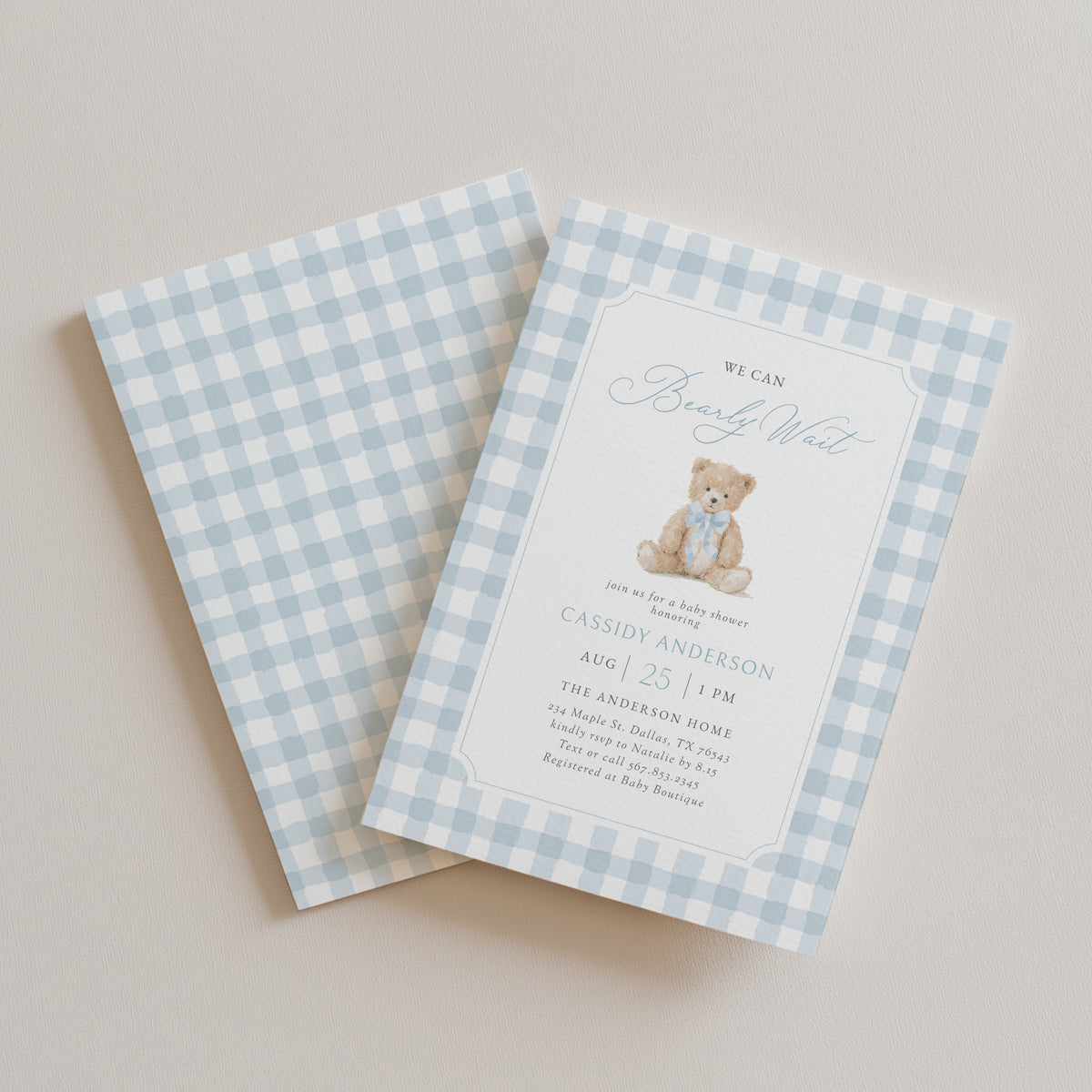 Blue Gingham Teddy Bear Baby Shower Invitation