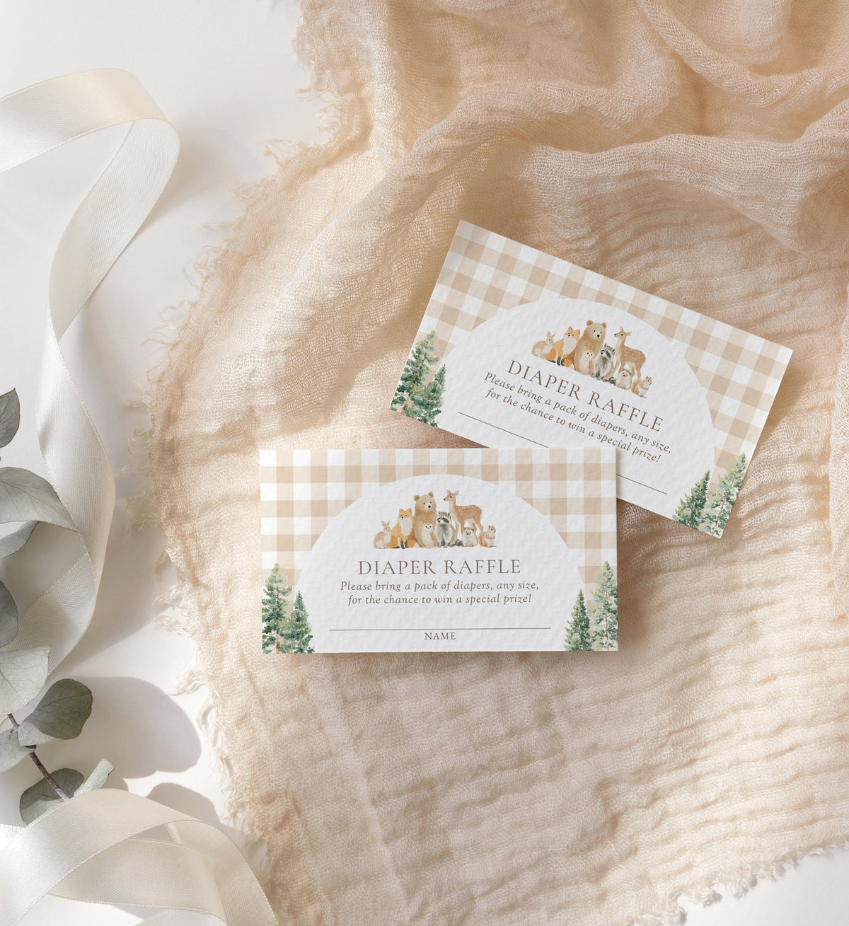 Woodland Gingham Baby Shower Diaper Raffle Ticket