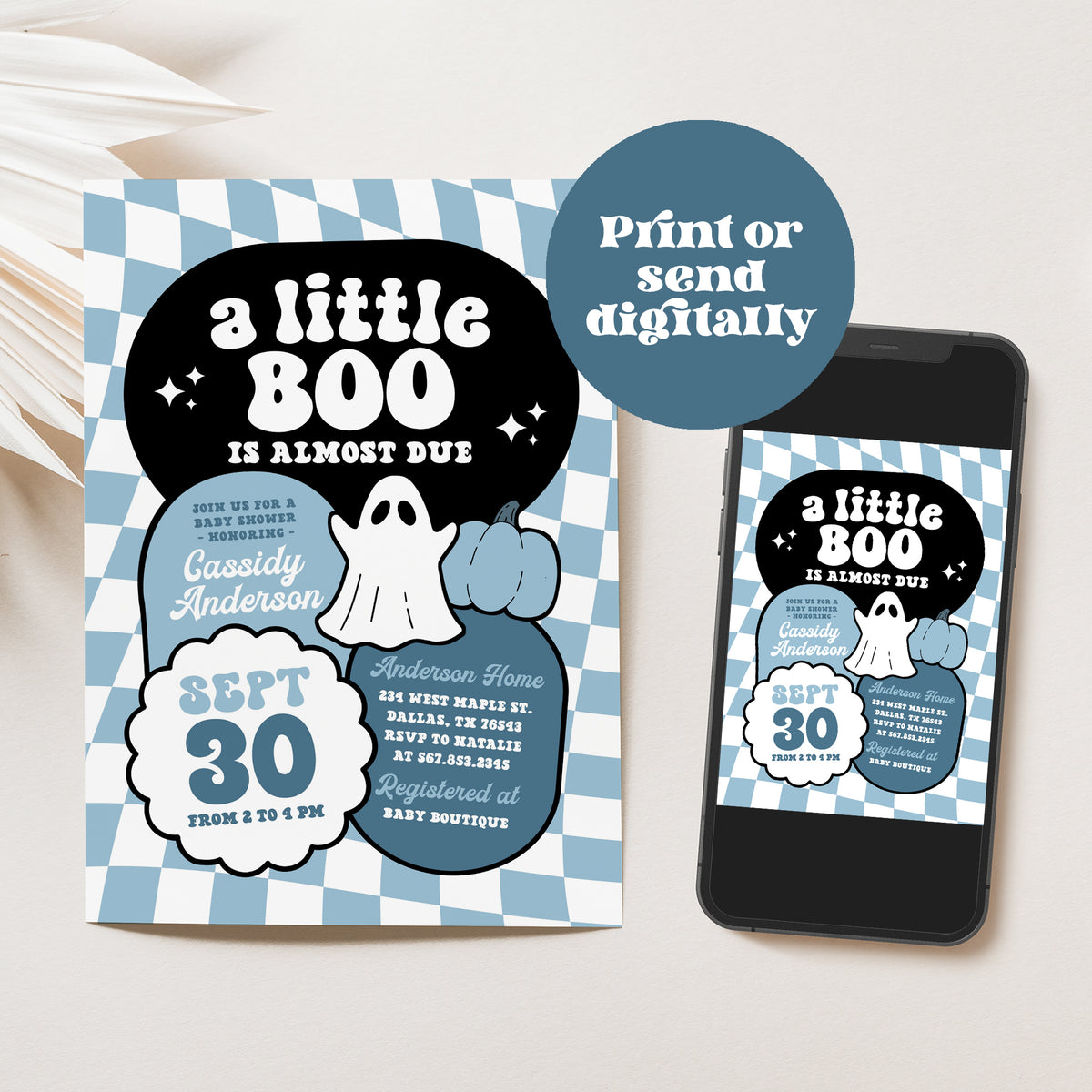 Blue Checker Little Boo Baby Shower Invitation