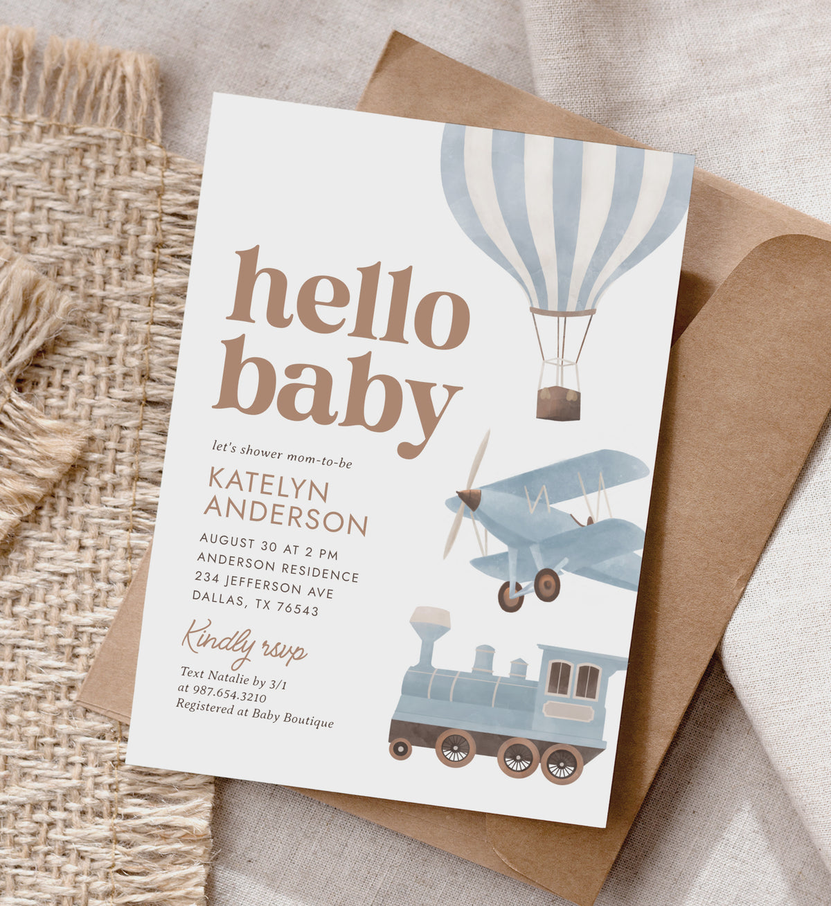 Blue Travel Baby Shower Invitation (Balloon, Plane, Train)