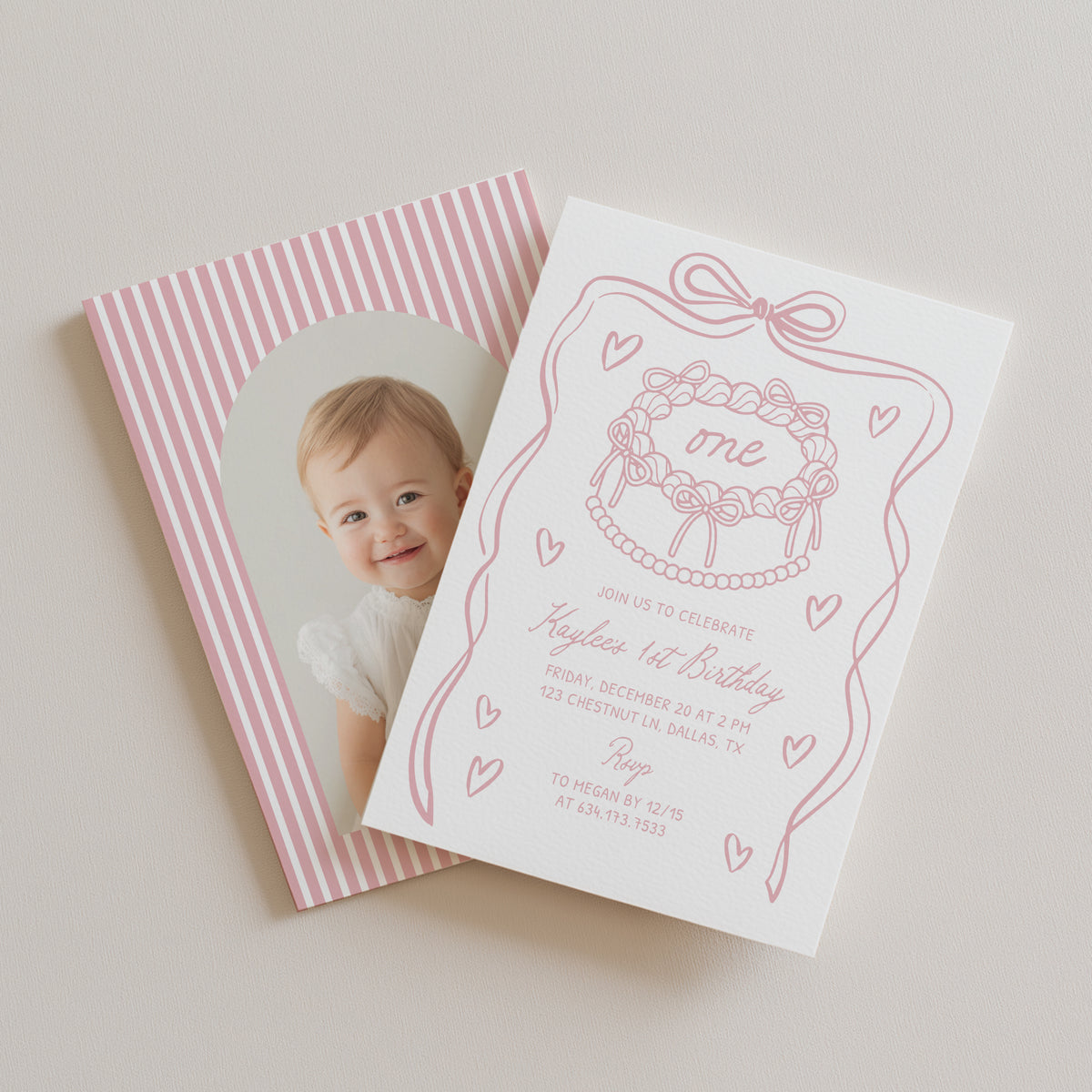 Pink Hand Drawn Bow  First Birthday Invitation