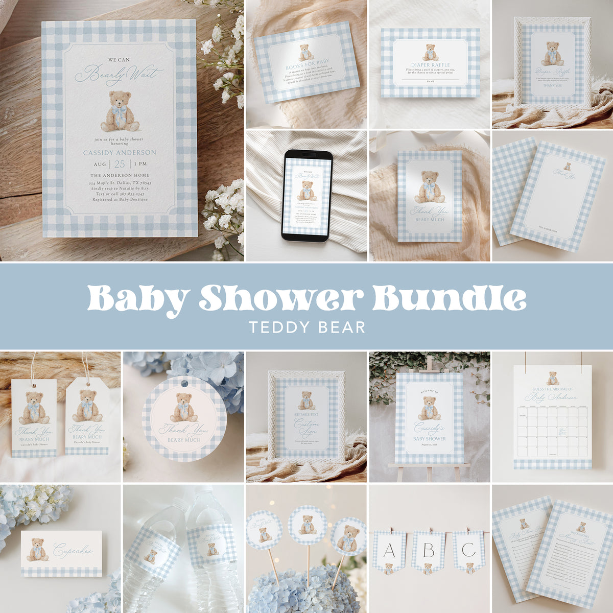 Blue Gingham Teddy Bear Baby Shower Bundle