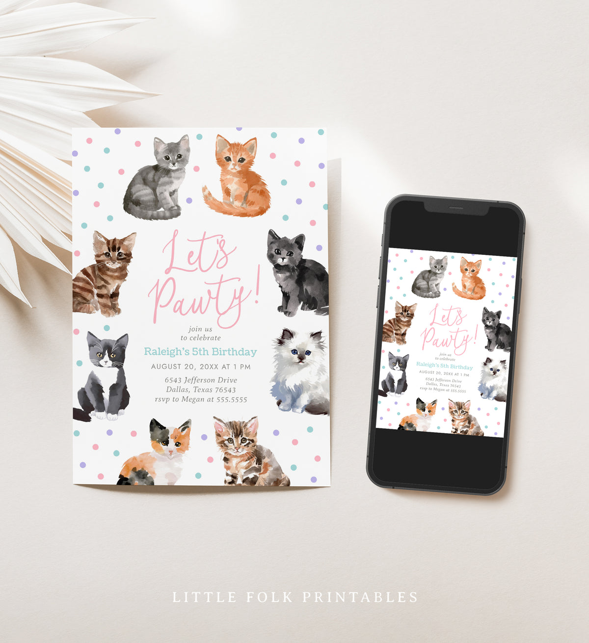 Editable Watercolor Kitten Birthday Invitation