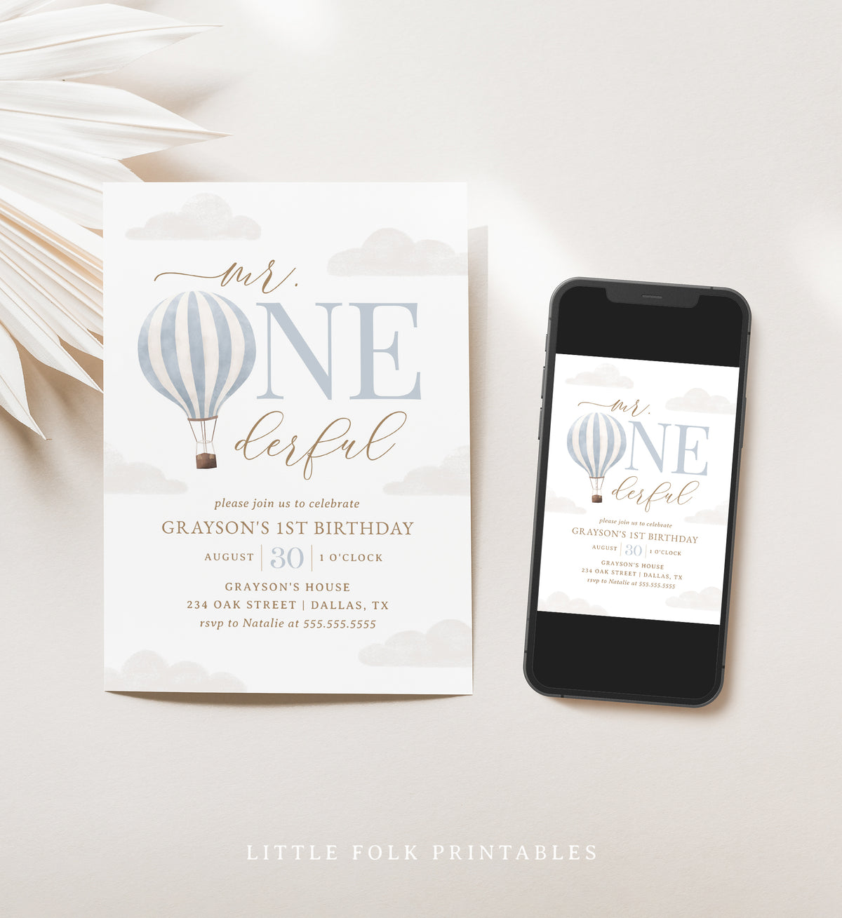 Editable Mr. Onederful Blue Hot Air Balloon Birthday Party Invitation Template