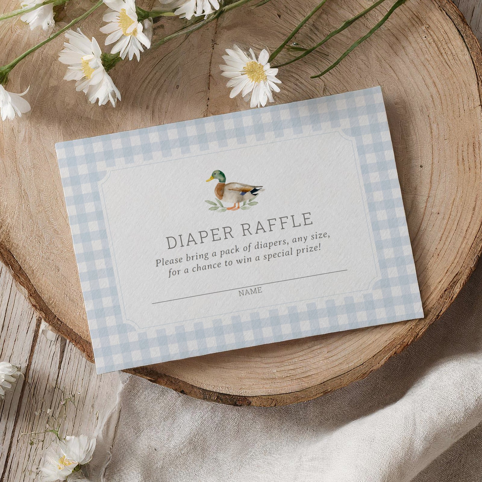 Blue Gingham Duck Diaper Raffle Ticket Template