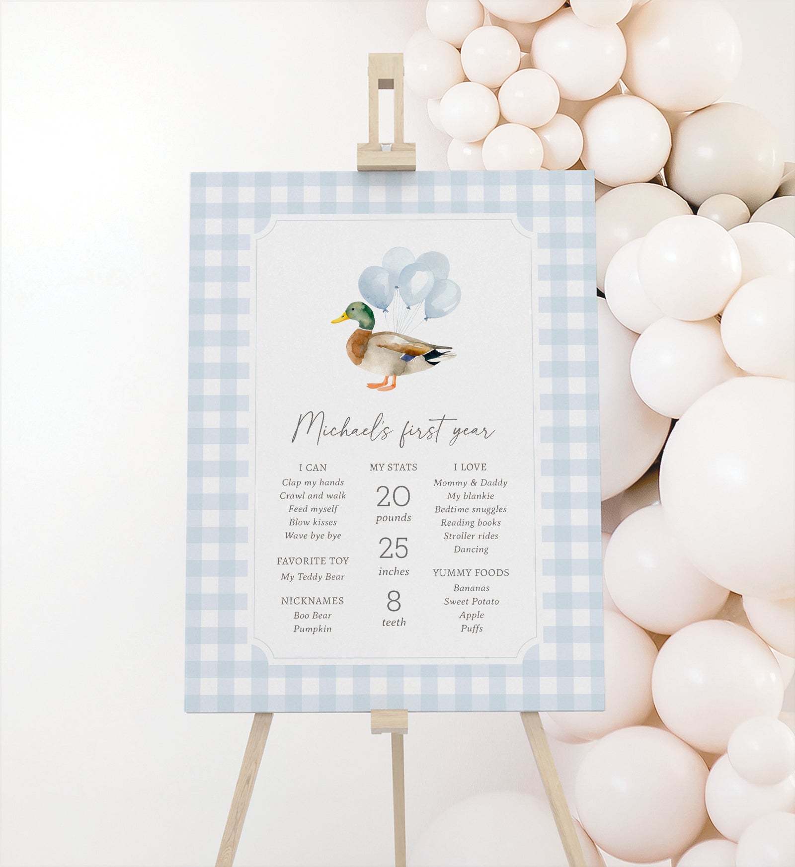 Blue Gingham Duck Birthday Milestone Sign Template