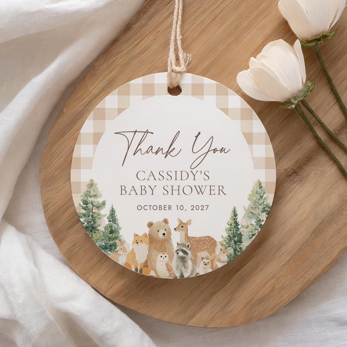 Woodland Gingham Baby Shower Round Tag