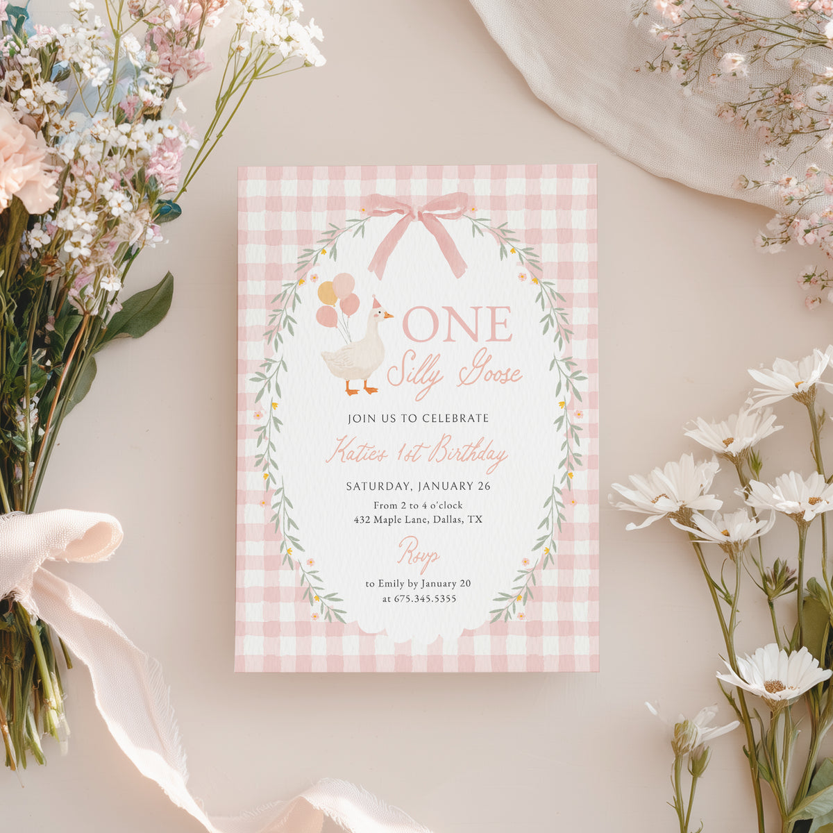 Pink Gingham Silly Goose Birthday Invitation