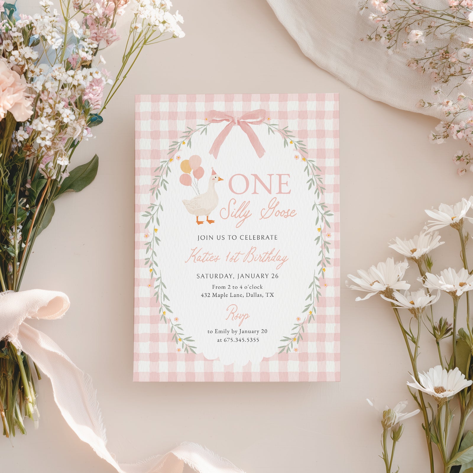 Pink Gingham Silly Goose Birthday Invitation