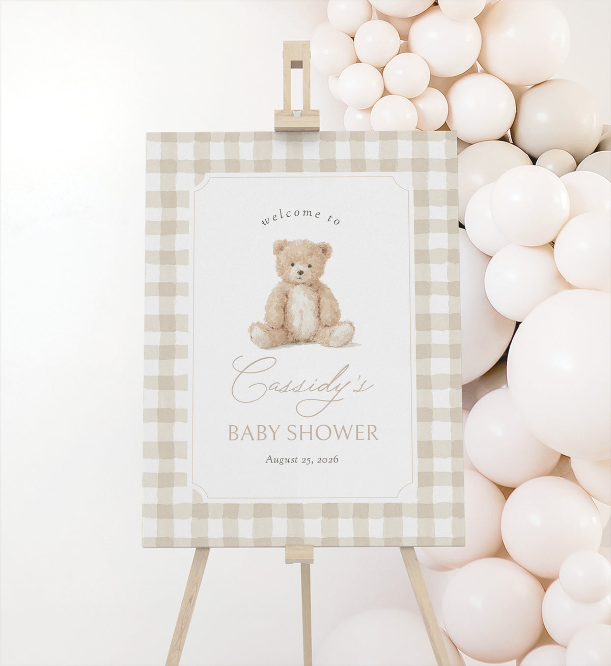 Neutral Gingham Teddy Bear Baby Shower Welcome Sign