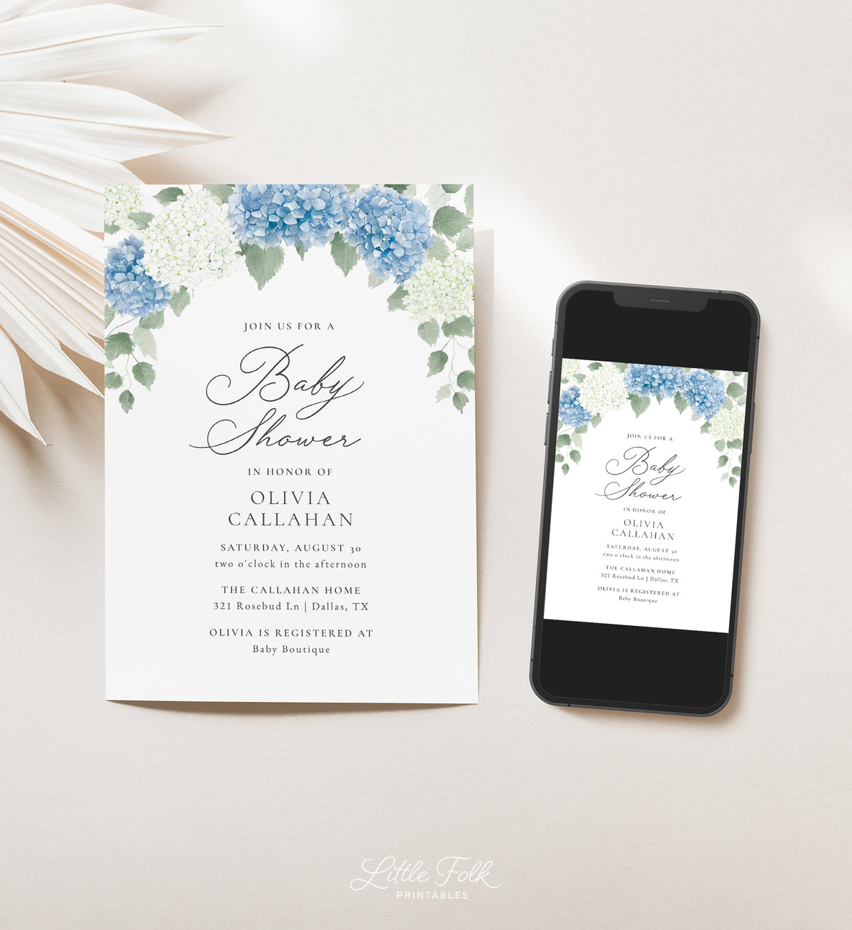 Blue Hydrangea Baby Shower Invitation