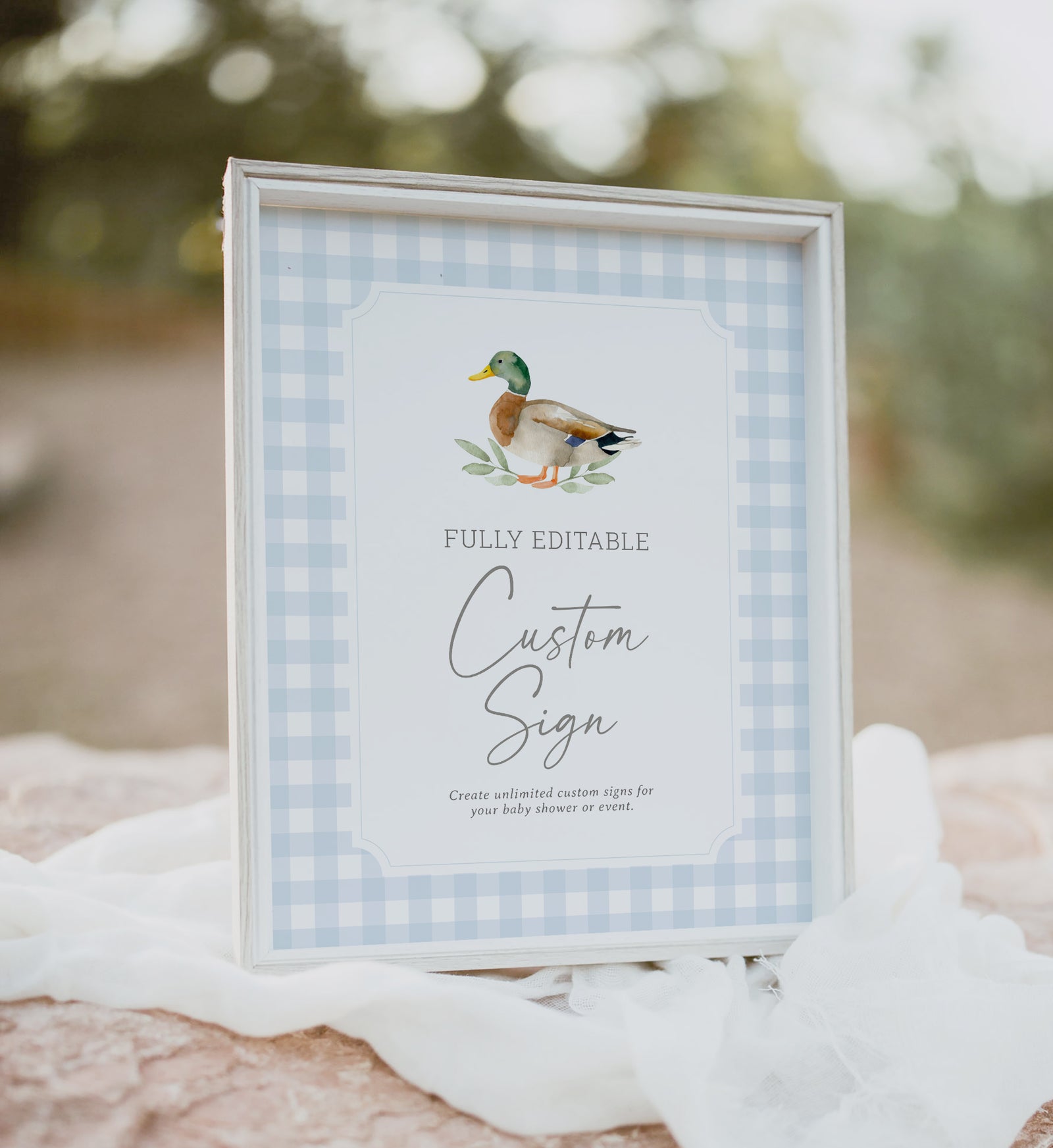 Blue Gingham Duck Baby Shower Custom Sign Template