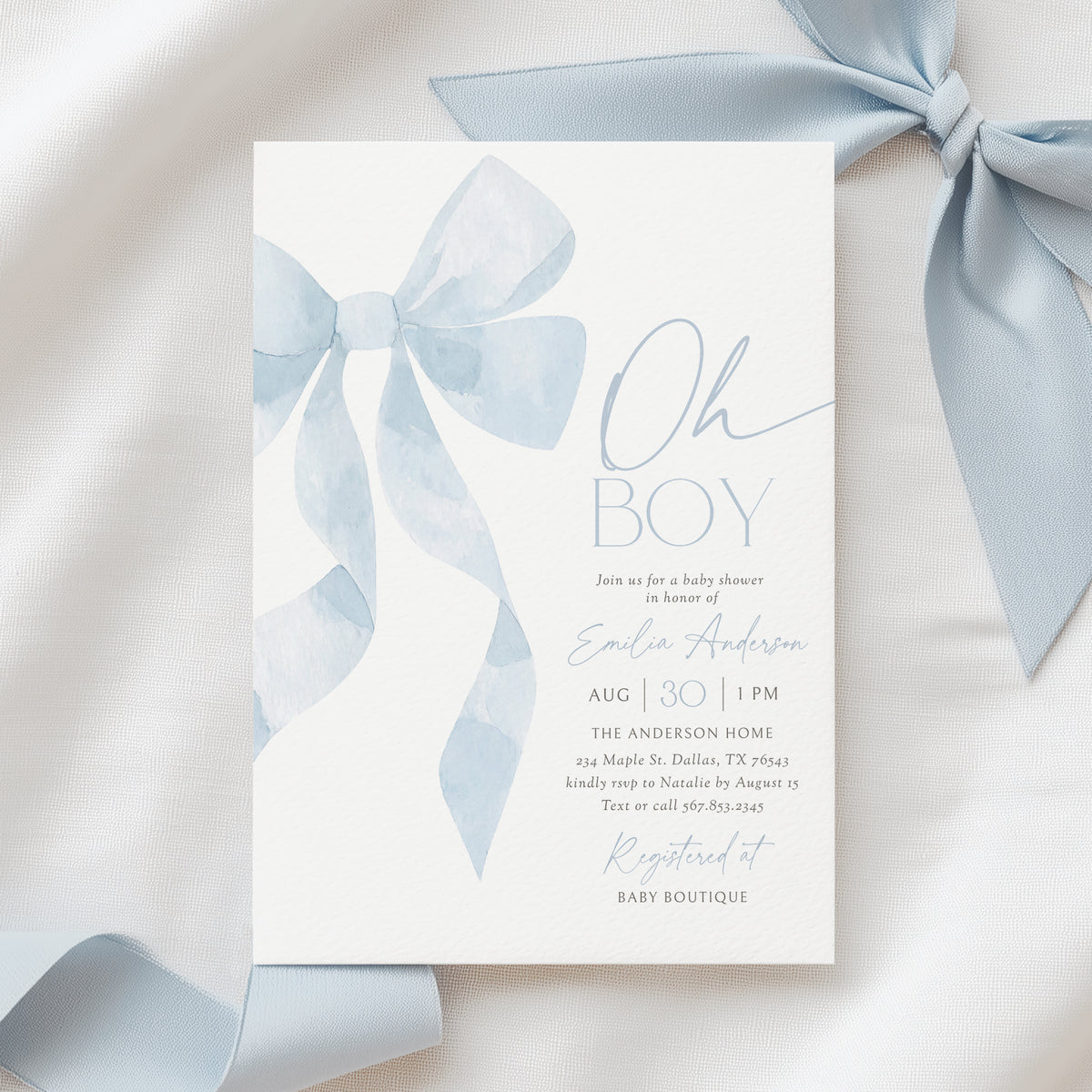 Blue Bow Baby Shower Invitation