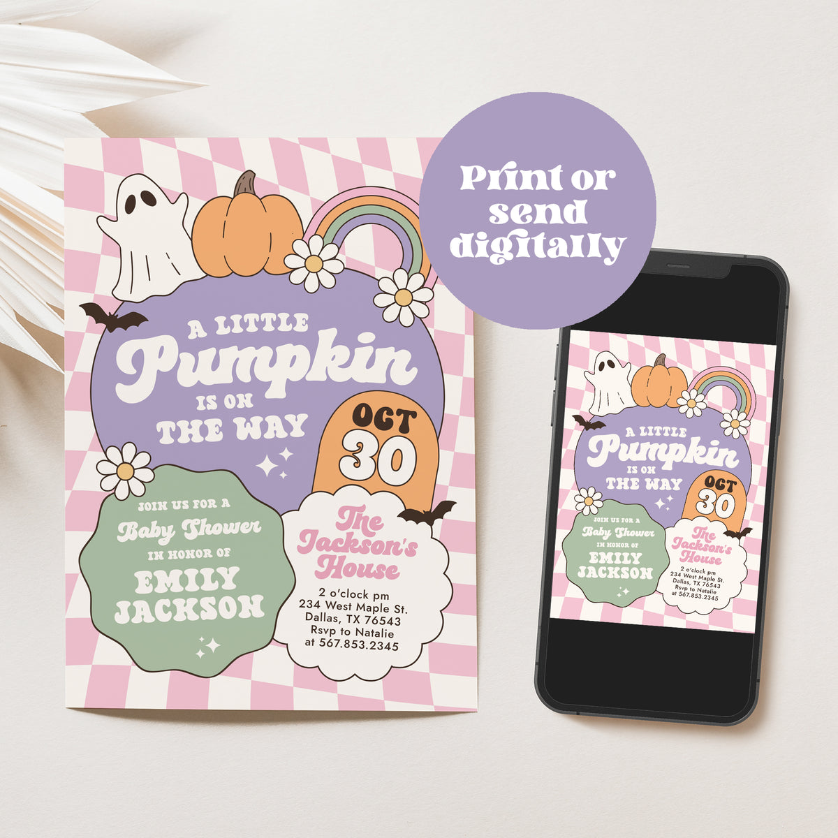 Pink Retro Checker Little Pumpkin Baby Shower Invitation