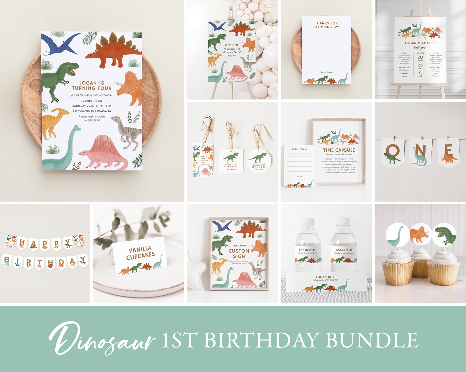 Editable Dinosaur 1st Birthday Bundle