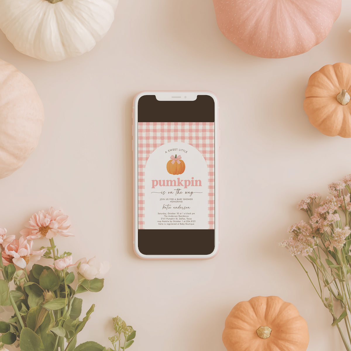 Pink Gingham Pumpkin Baby Shower Invitation