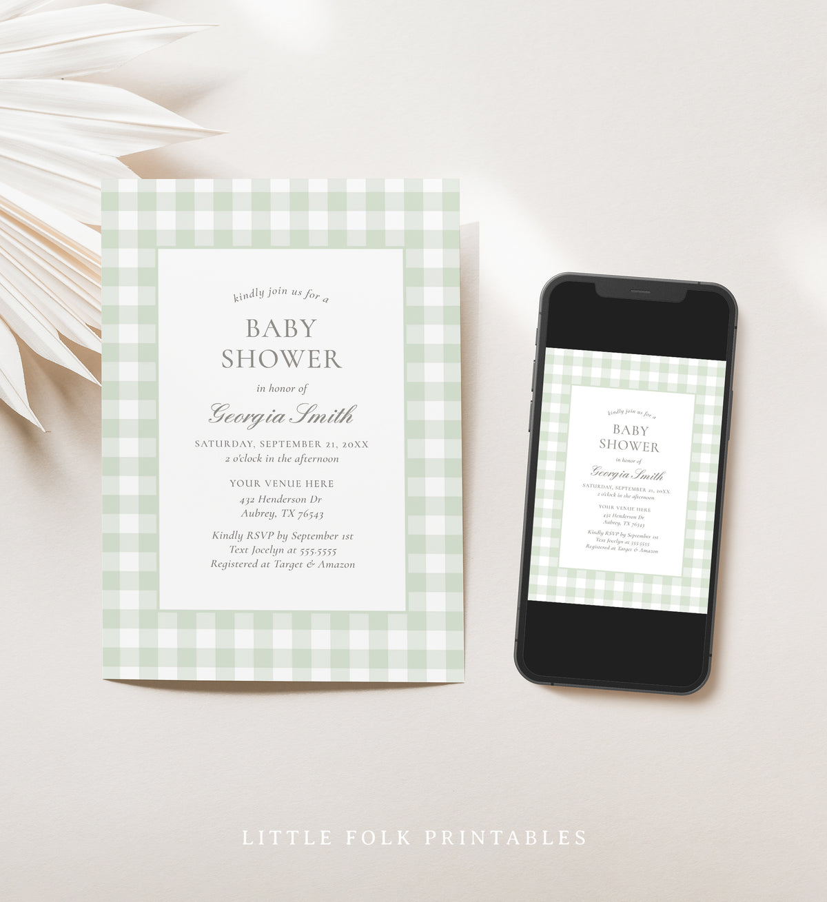 Editable Sage Green Gingham Baby Shower Invitation Template