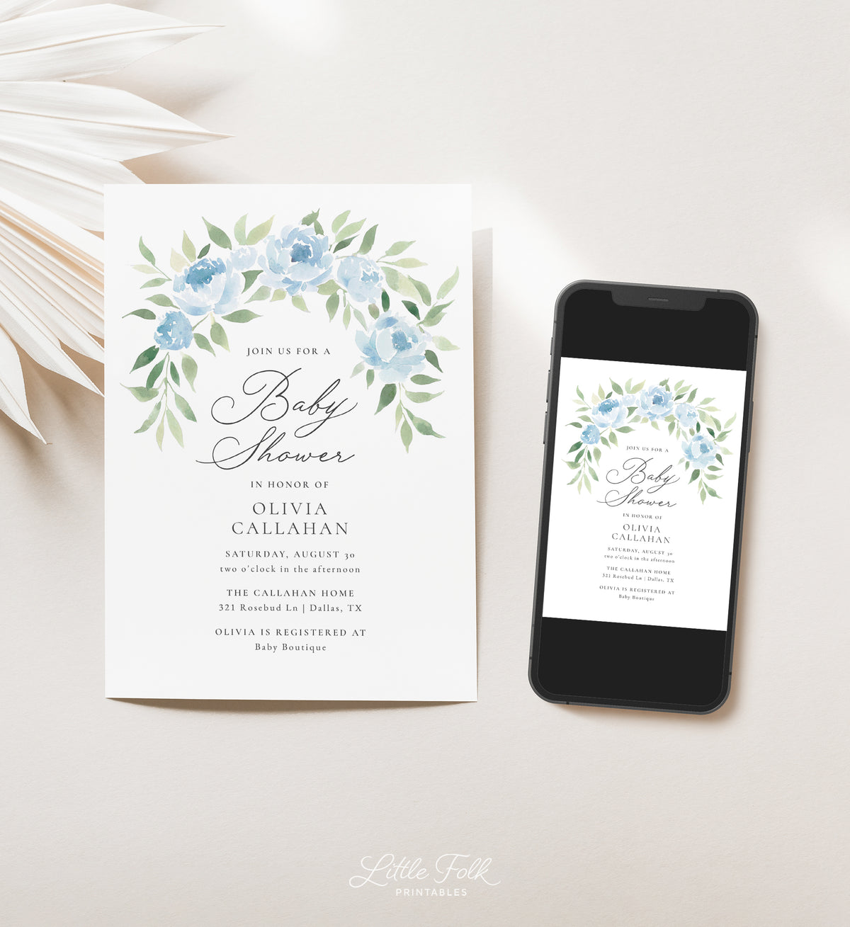 Blue Floral Arch Baby Shower Invitation