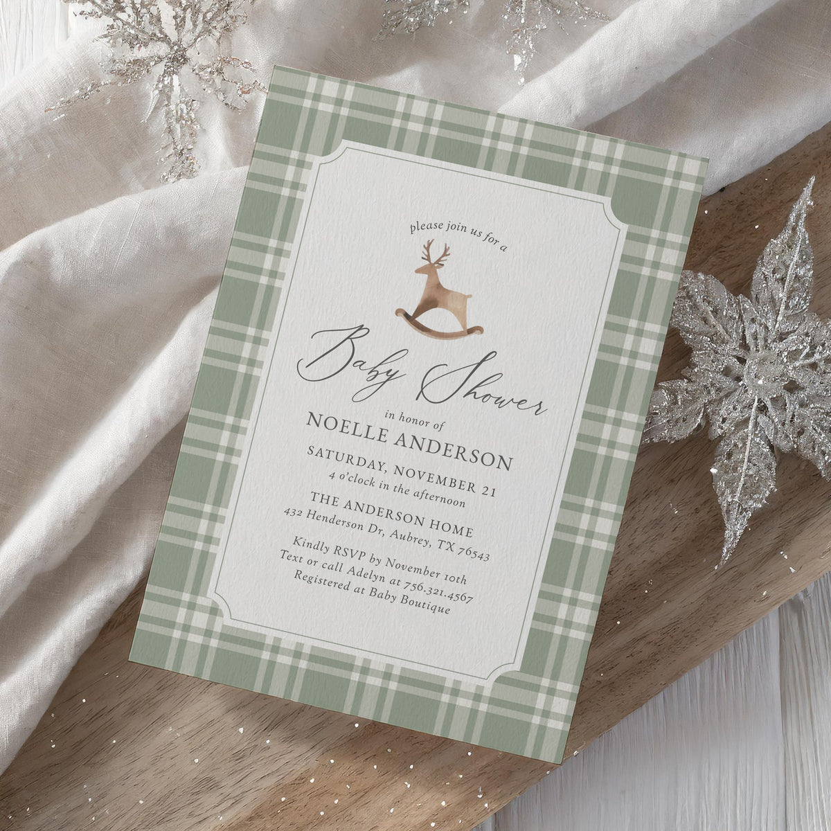 Rocking Reindeer Christmas Baby Shower Invitation