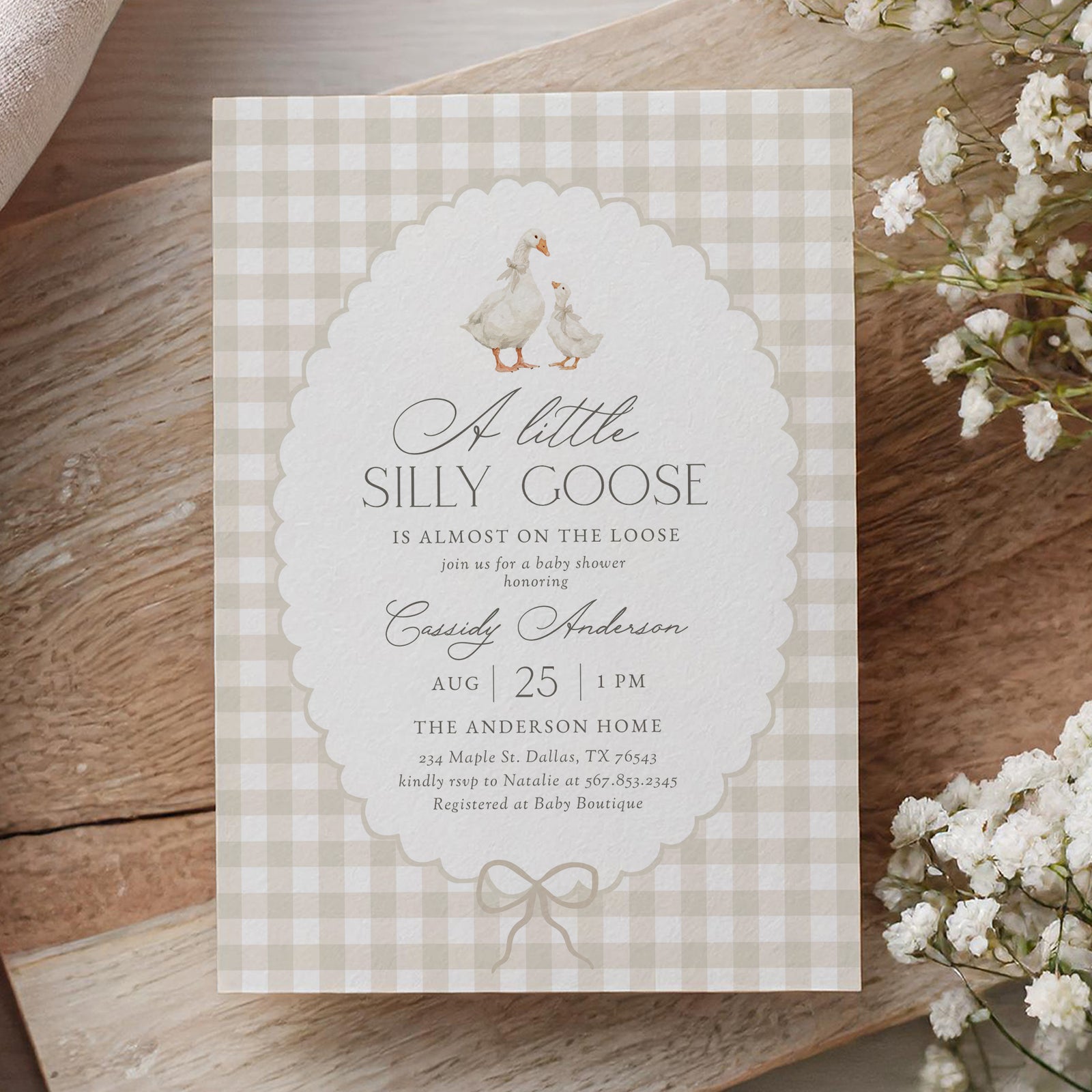 Neutral Gingham Goose Baby Shower Invitation