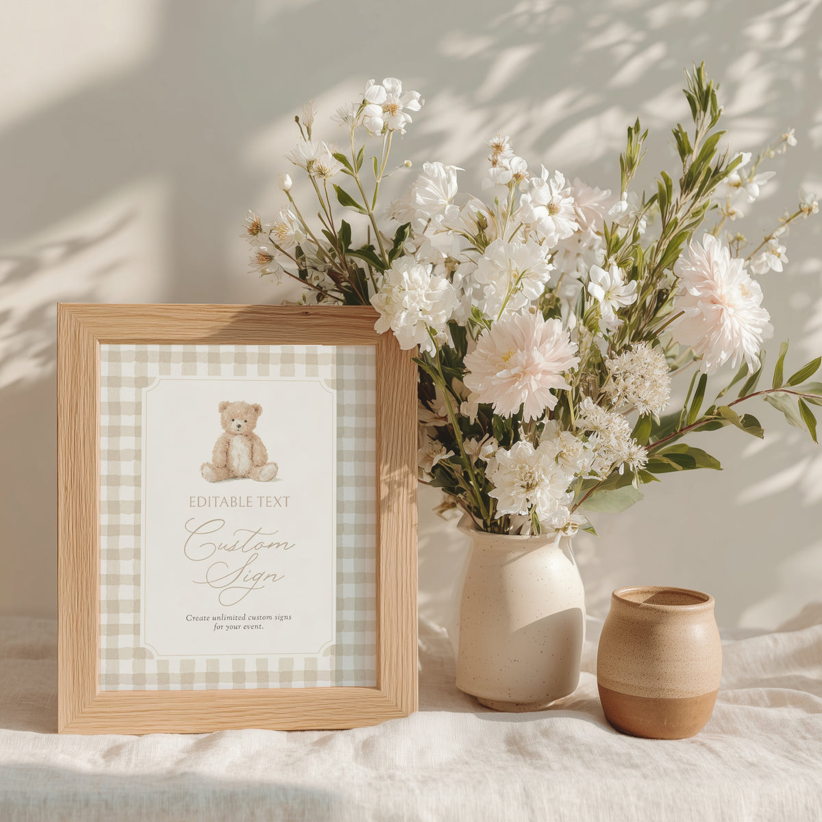 Neutral Gingham Teddy Bear Baby Shower Custom Sign