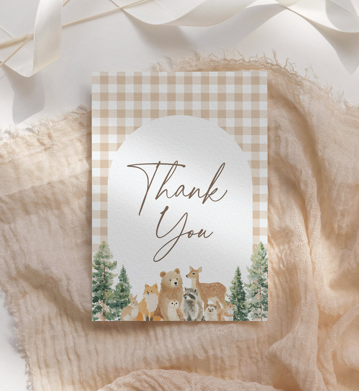 Woodland Gingham Baby Shower Folded Thank You Card