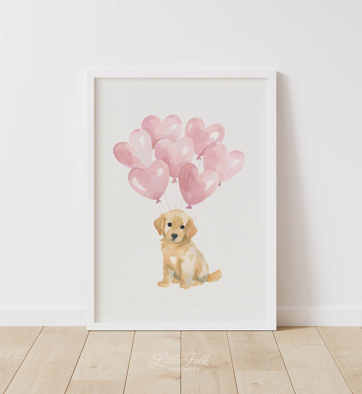 Golden Retriever with Pink Heart Balloons Print