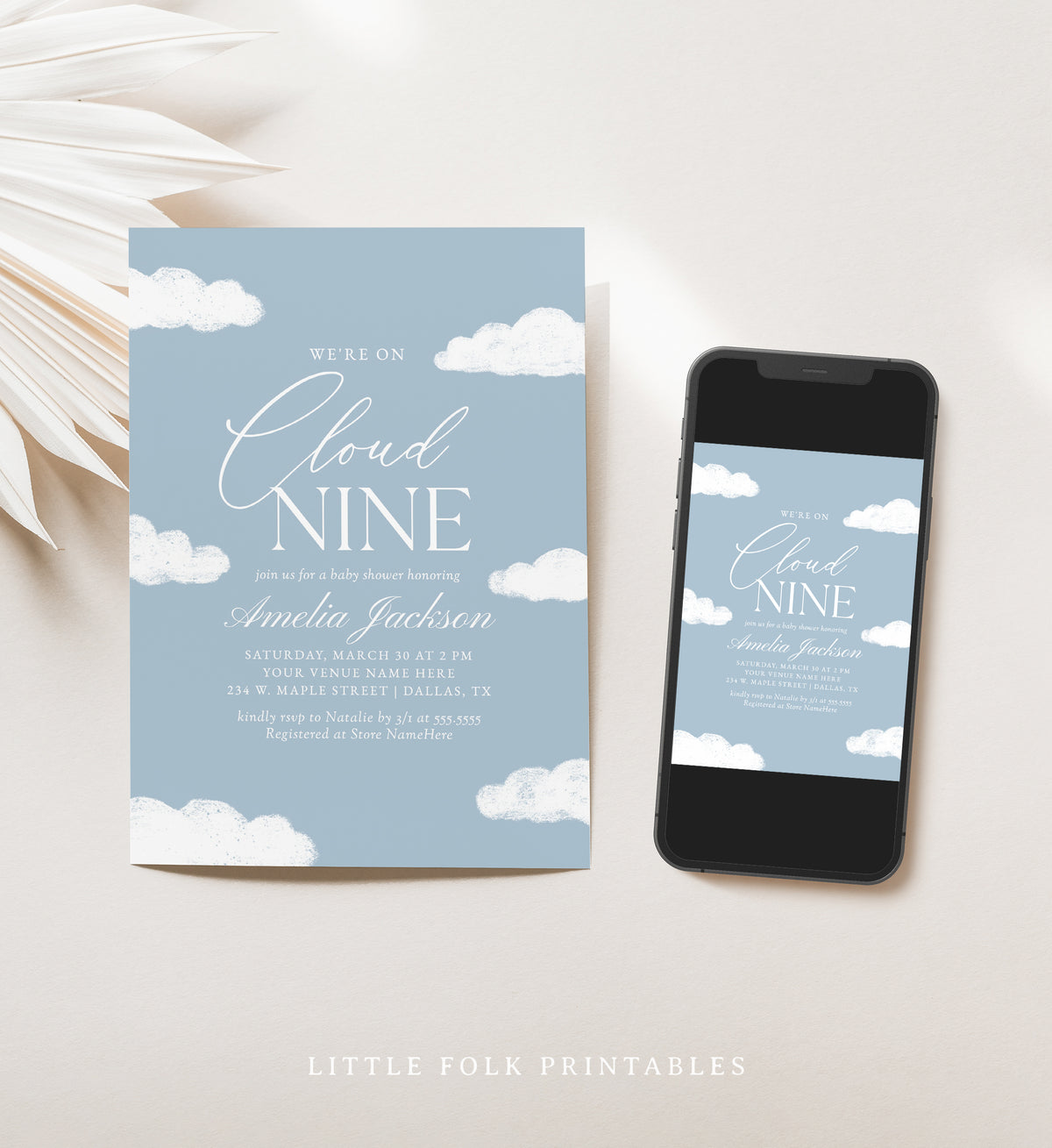 Editable Blue Cloud Nine Baby Shower Invitation Template