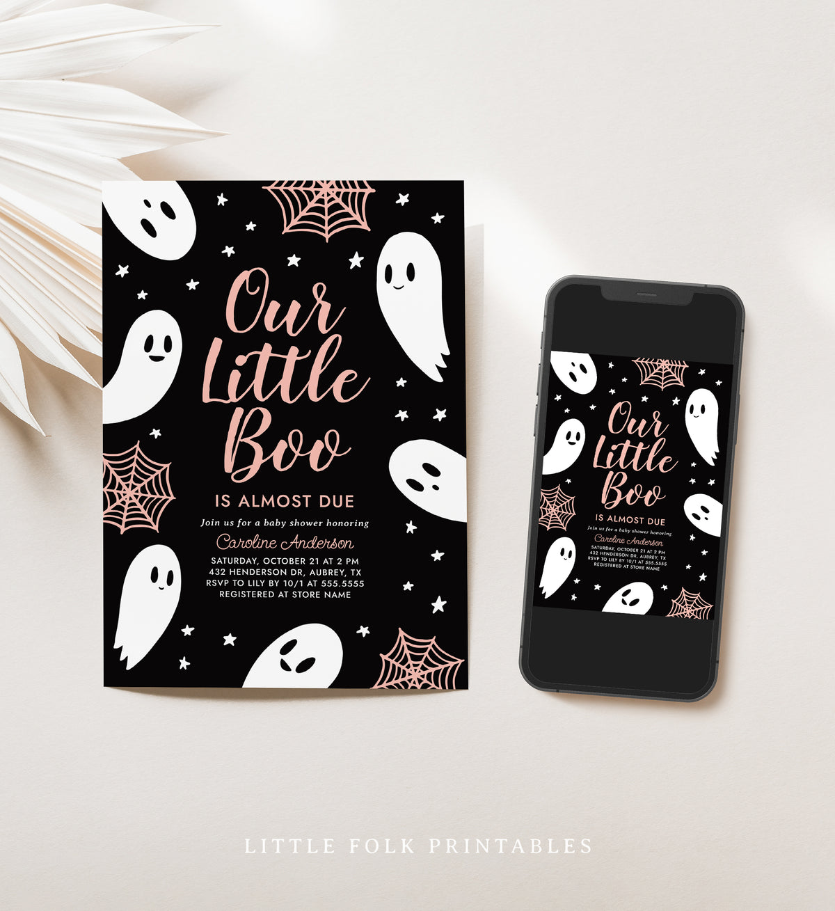 A Little Boo is Almost Due Baby Shower Invitation Template (Black &amp; Pink)