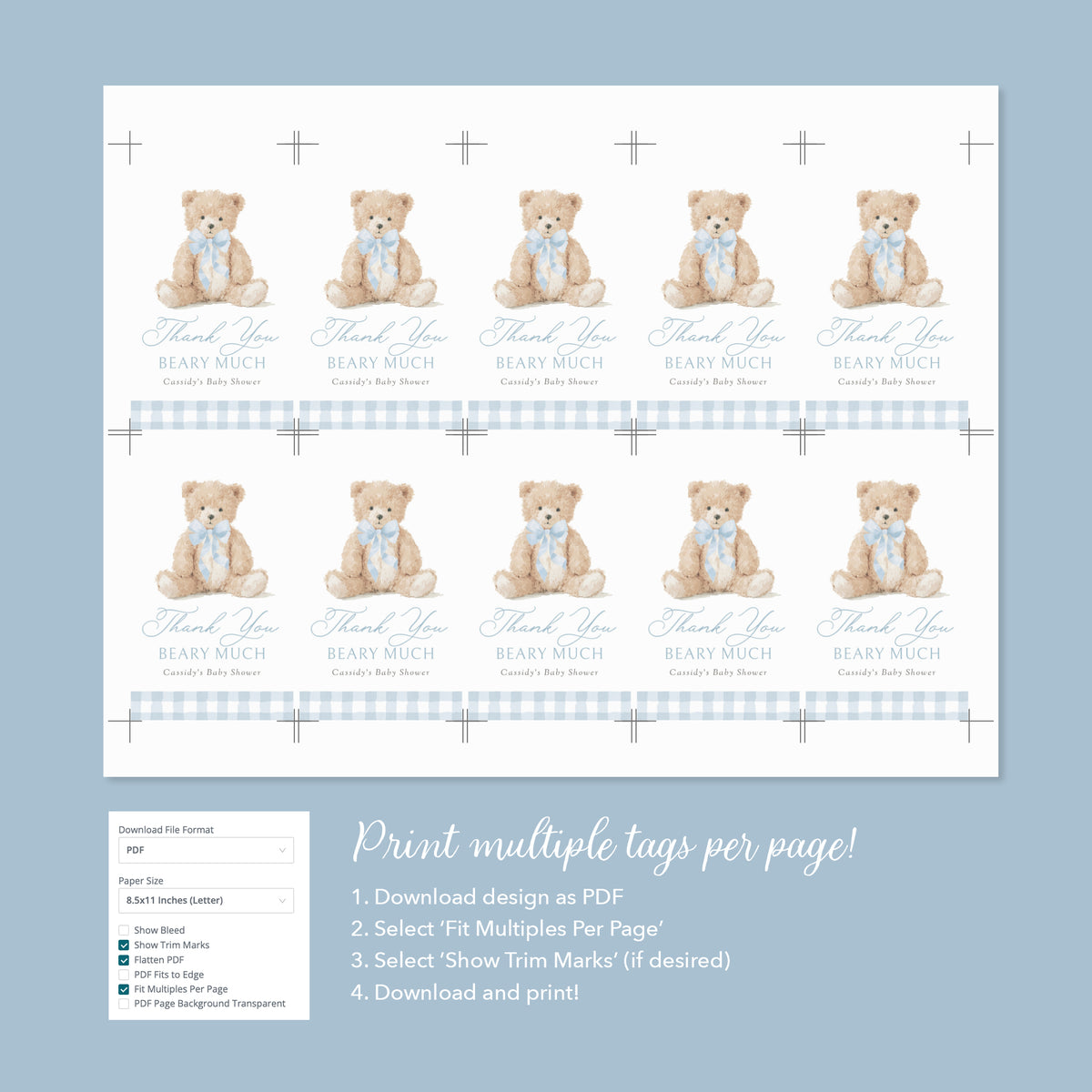 Blue Gingham Teddy Bear Baby Shower Rectangle Tag