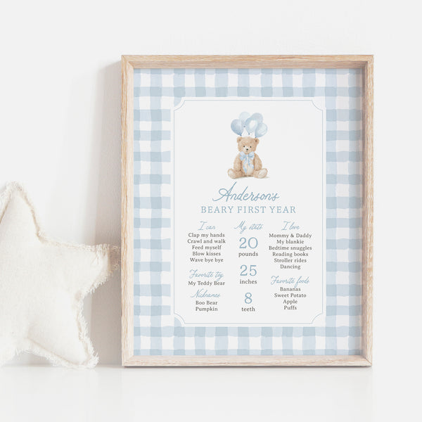 Blue Gingham Teddy Bear Birthday Milestone Sign - Little Folk Printables