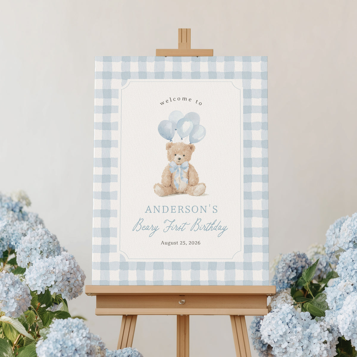 Blue Gingham Teddy Bear Birthday Welcome Sign