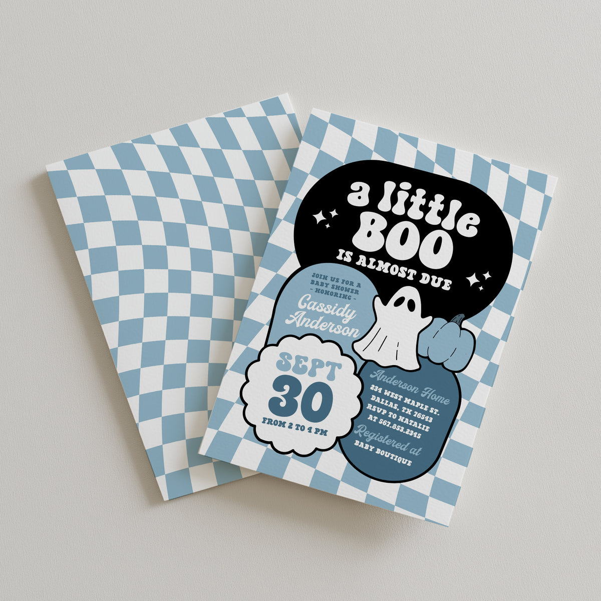 Blue Checker Little Boo Baby Shower Invitation