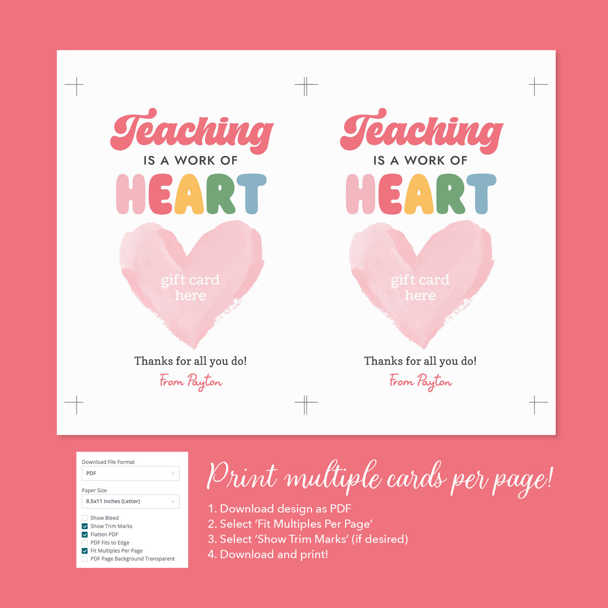 Teaching is a Work of Heart Gift Card Holder Template