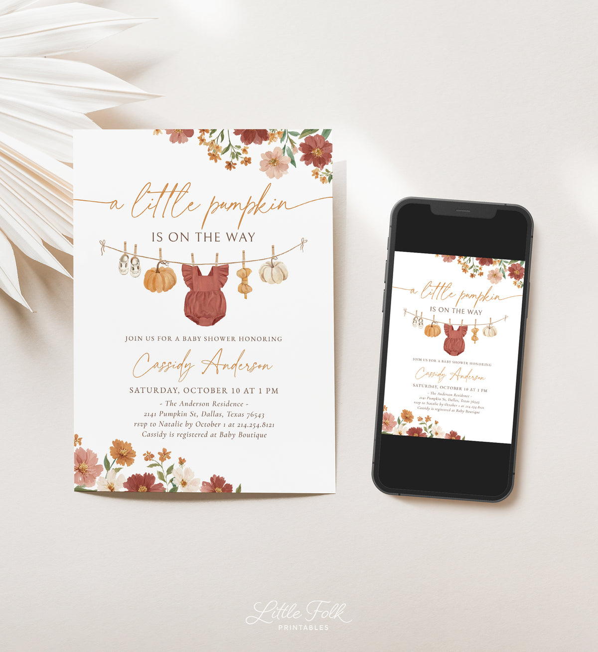 Burgundy Floral Little Pumpkin Baby Shower Invitation