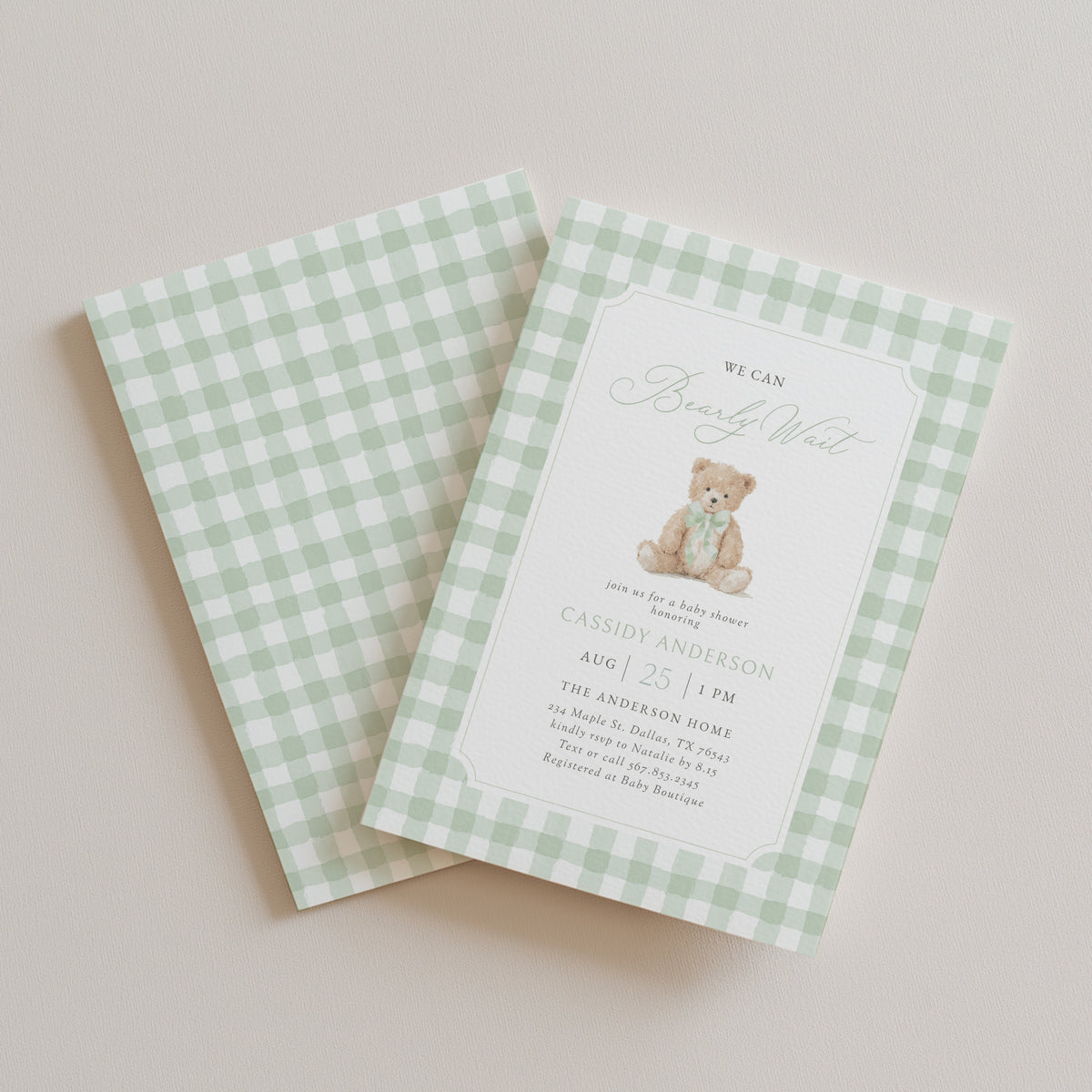 Sage Green Gingham Teddy Bear Baby Shower Invitation