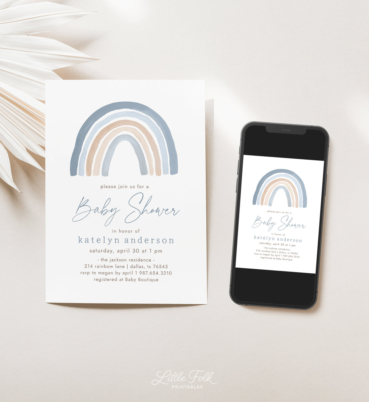 Blue Watercolor Rainbow Baby Shower Invitation
