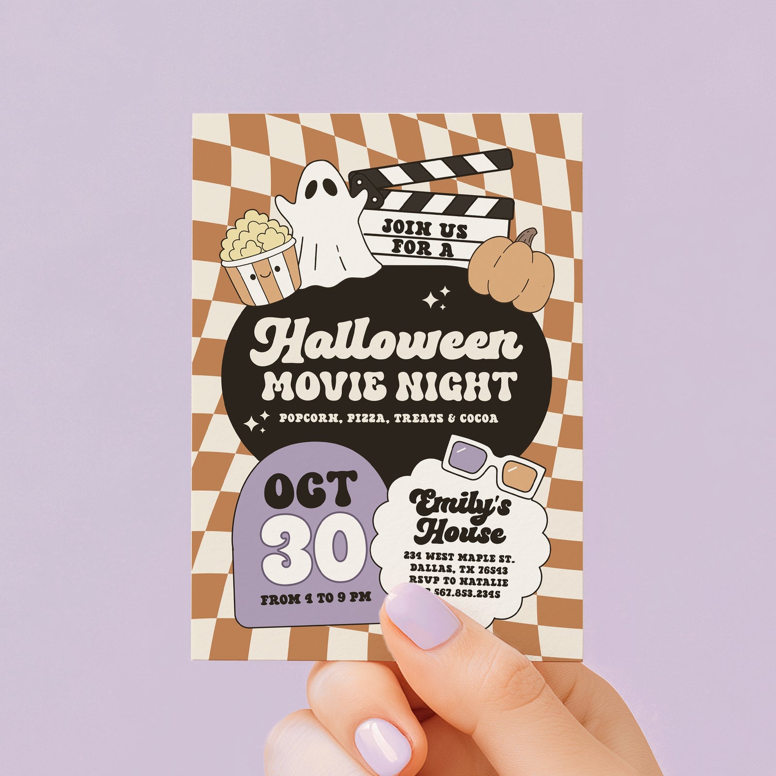 Retro Checker Halloween Movie Night Invitation