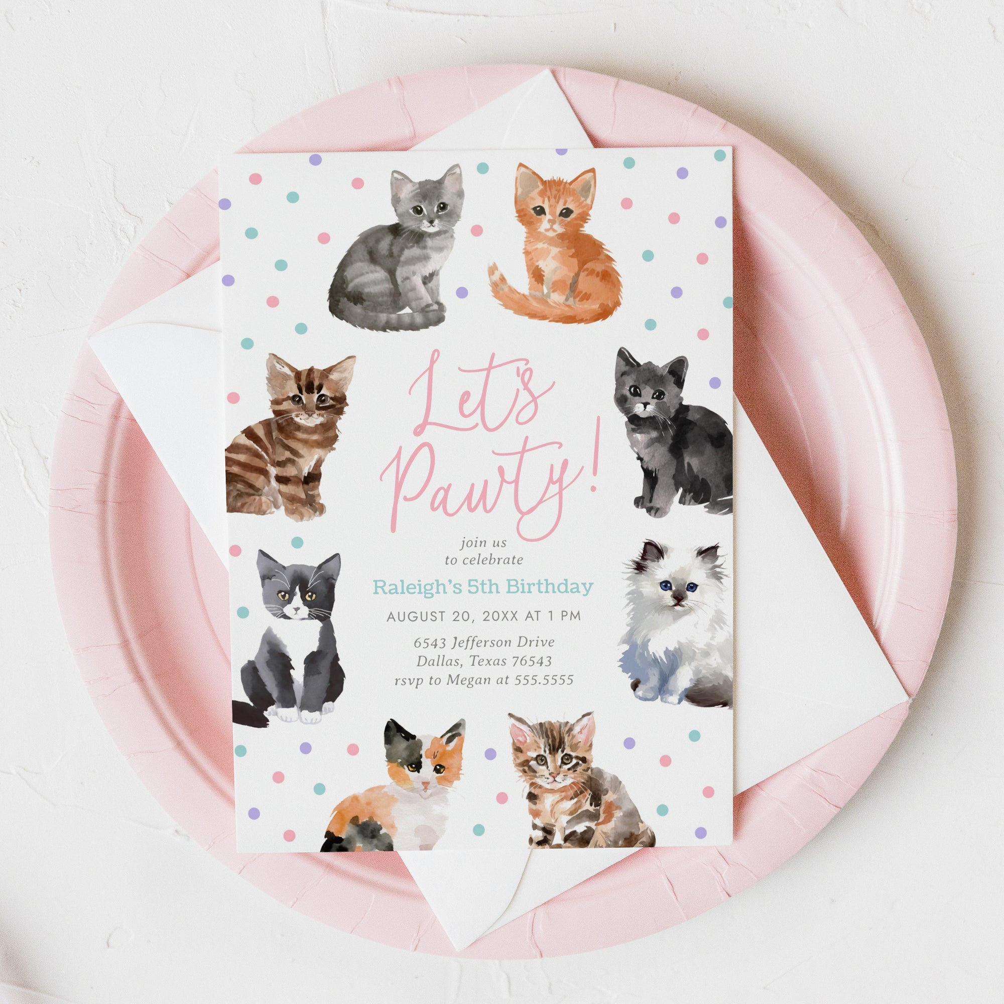 Editable Watercolor Kitten Birthday Invitation