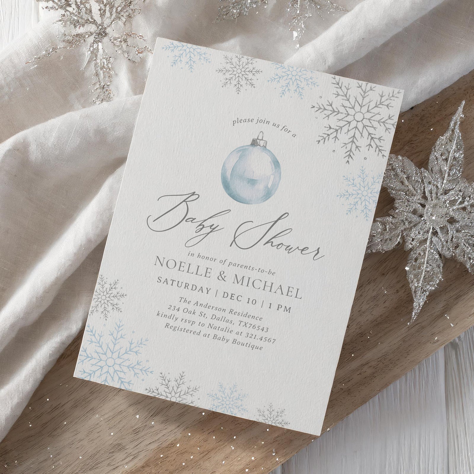 Blue Ornament Baby Shower Invitation