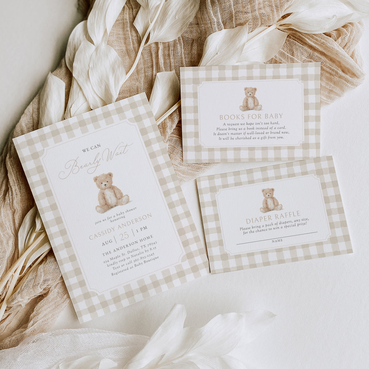 Neutral Gingham Teddy Bear Baby Invitation Suite