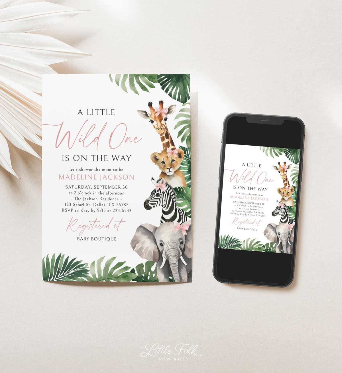 Pink Wild One Safari Baby Shower Invitation