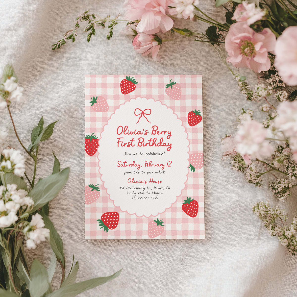 Strawberry First Birthday Invitation