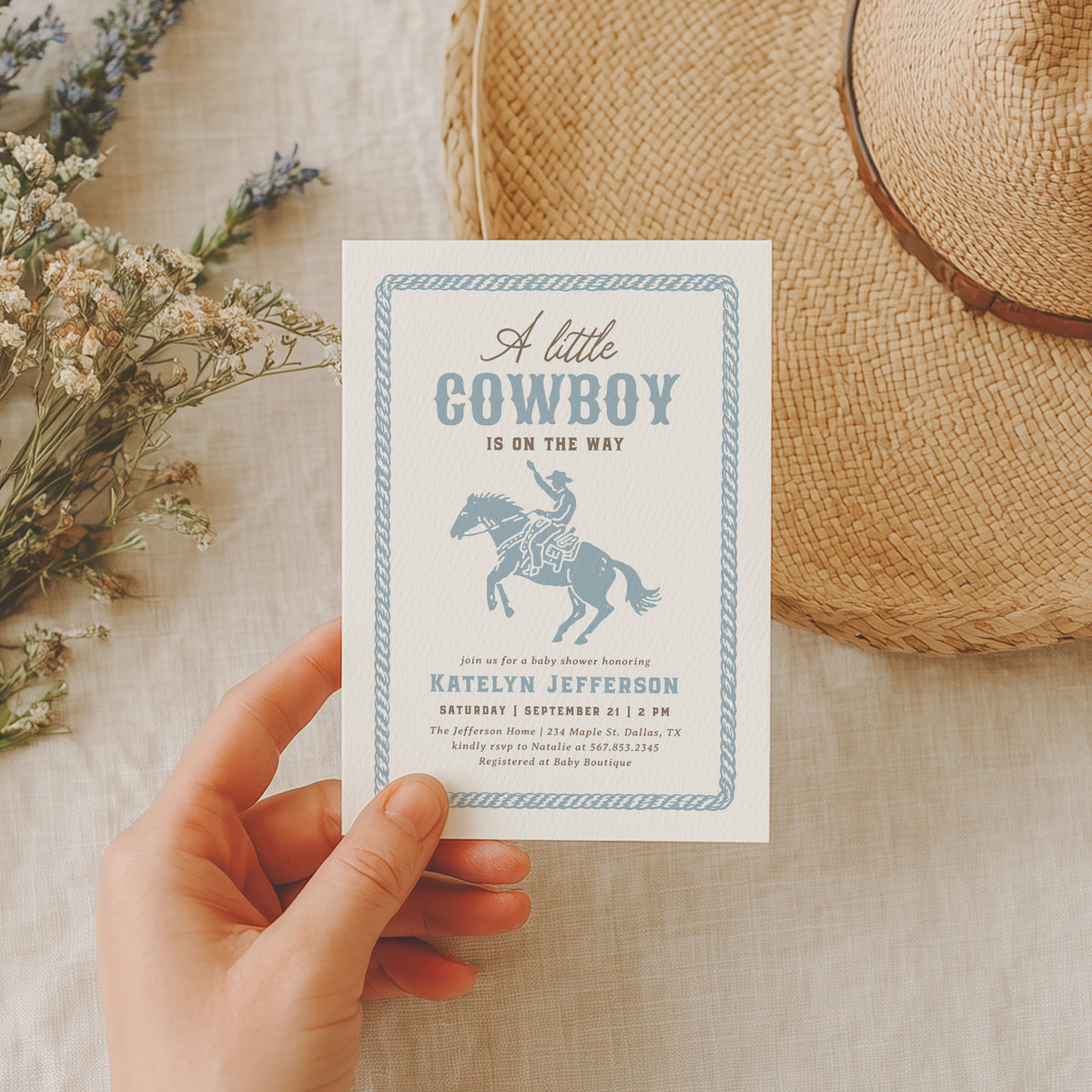 Blue Cowboy Baby Shower Invitation