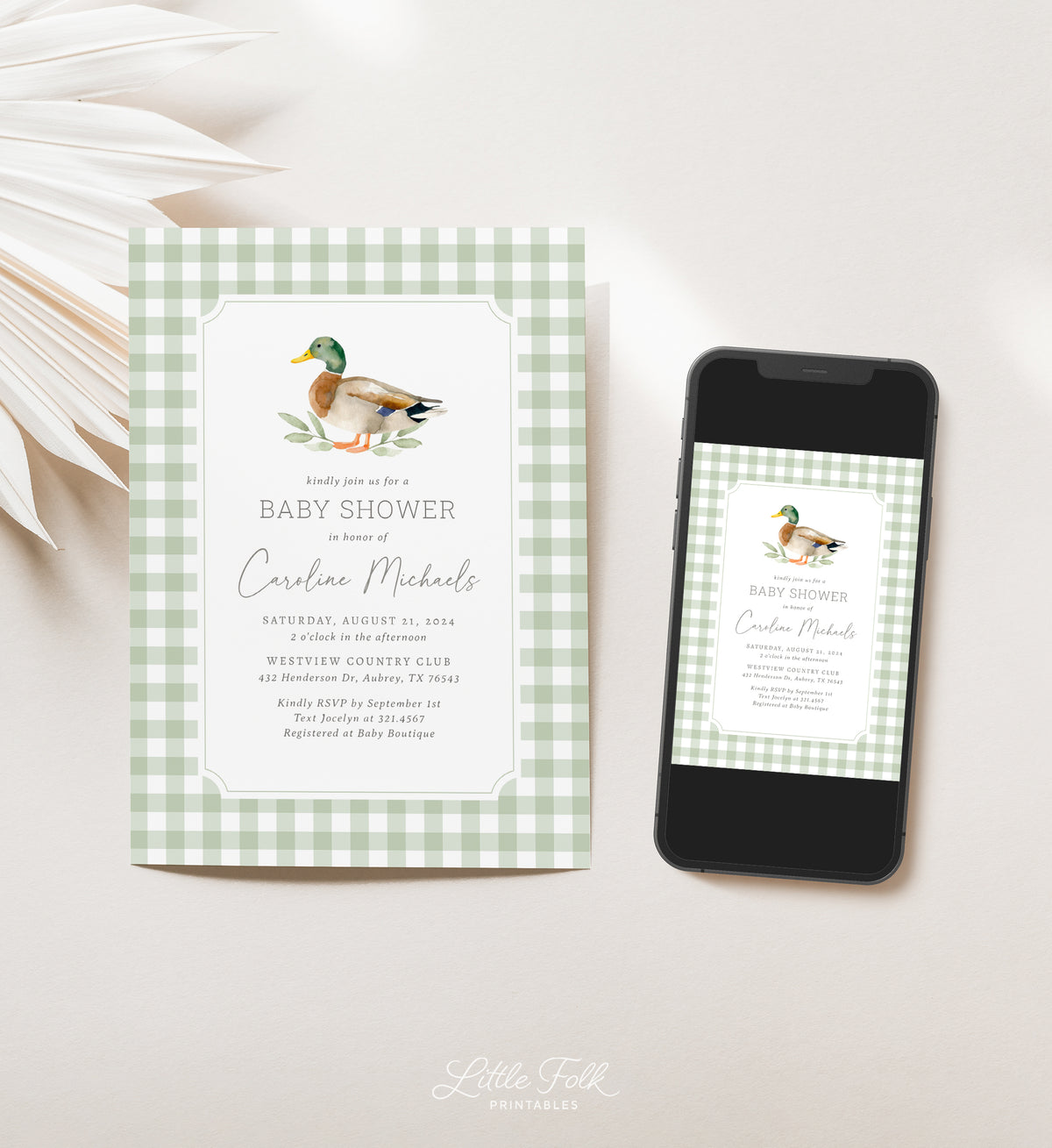 Sage Gingham Duck Baby Shower Invitation